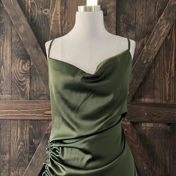 Neck Ruched Drawstring Knot Asymmetrical Satin Cami high thigh slit Dress - Picture 10 of 15